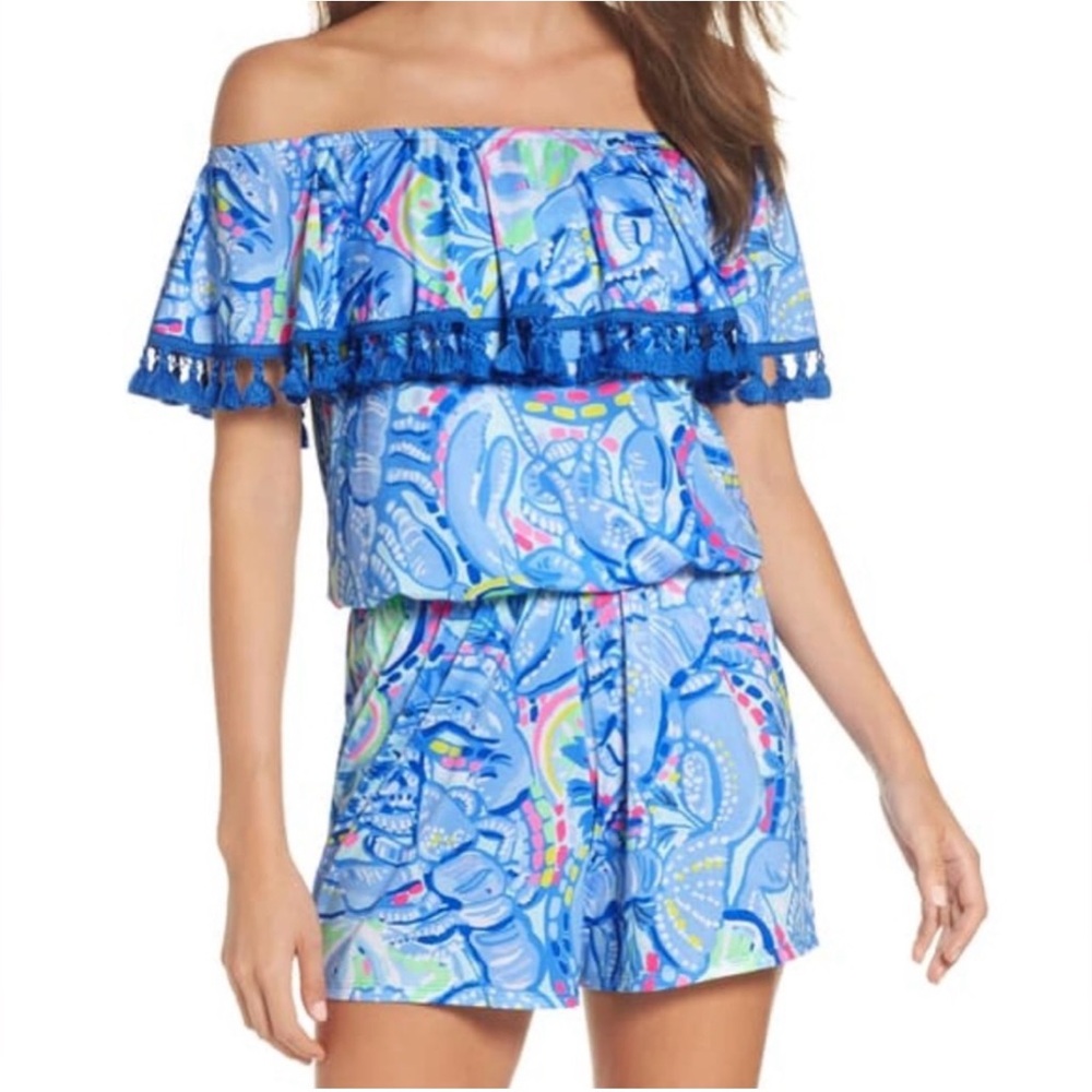Lilly Pulitzer La Fortuna Off Shoulder Romper in Pinch Pinch Blue Periwinkle